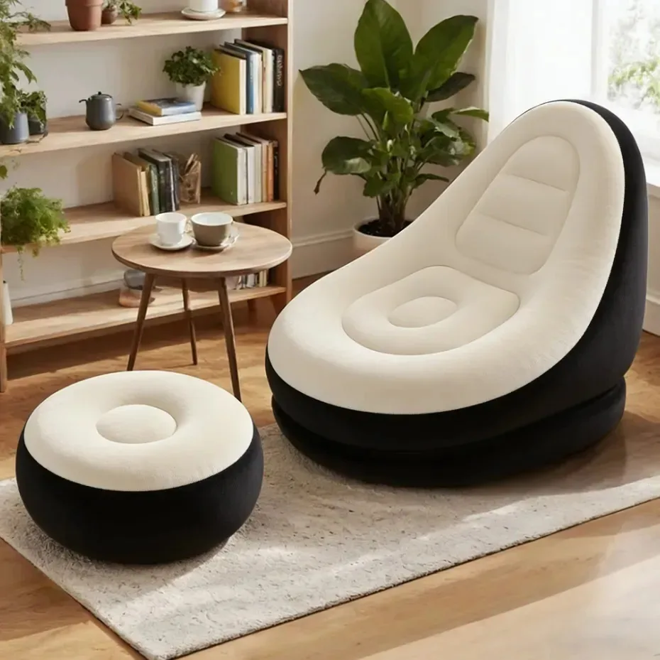 Poltrona Inflável Ultra Lounge Com Pufe Sofá Preguiçoso Cor Branco