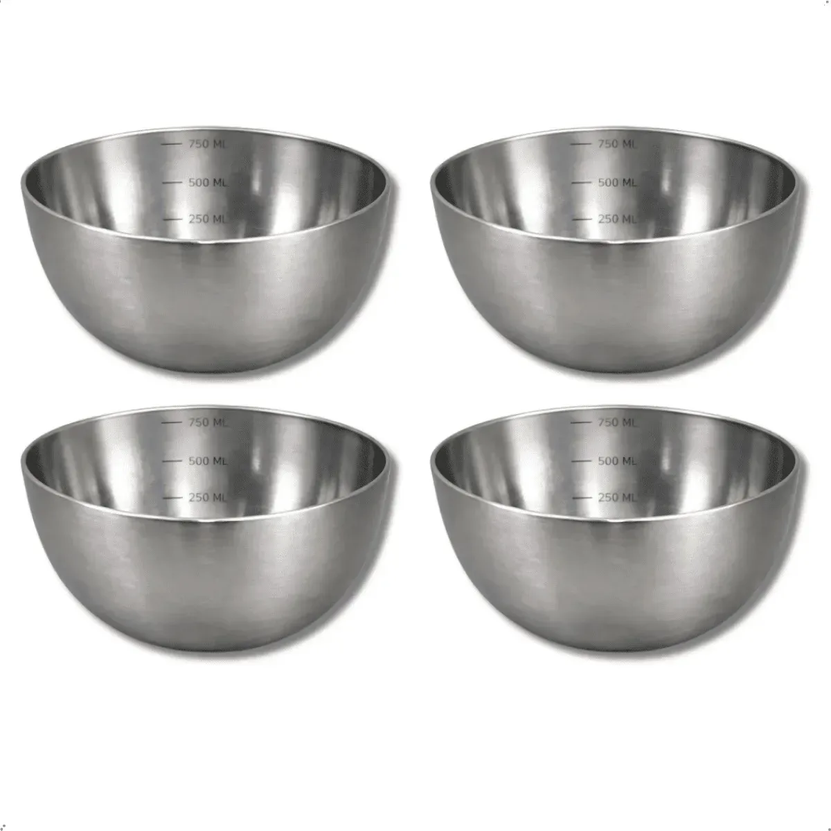 Kit 4 Bowls Tigelas Conjunto De Saladeiras 750ml Metal Prateado
