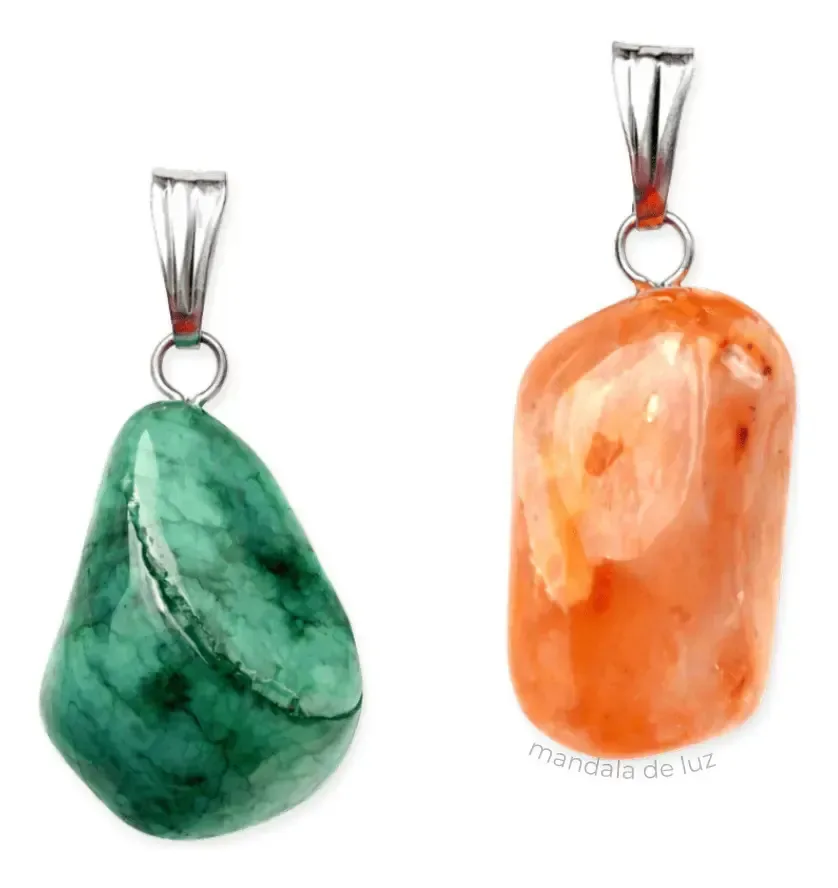 Combo Pingentes Pedra Da Lua Verdadeira E Esmeralda Naturais Laranja E Verde