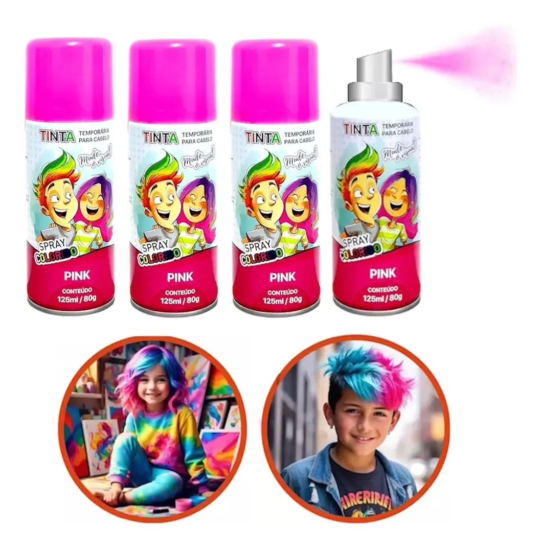 4 Tintas Spray Cabelo Maluco Lavável Carnaval Rosa Rosa