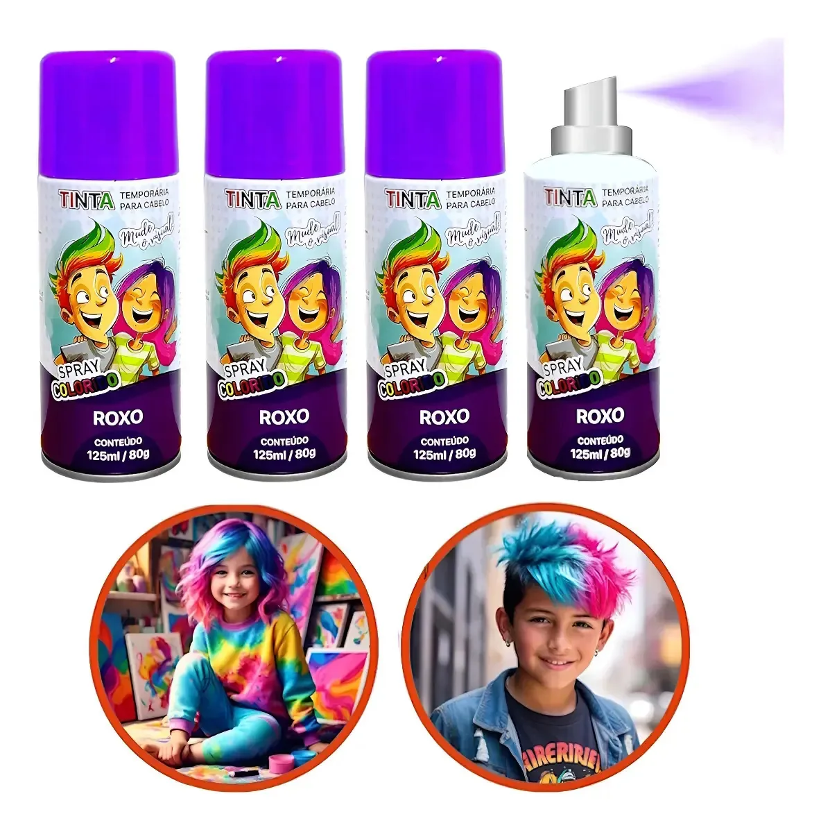 Kit com 4 Tintas Spray Temporárias para Cabelo Roxo Lavável