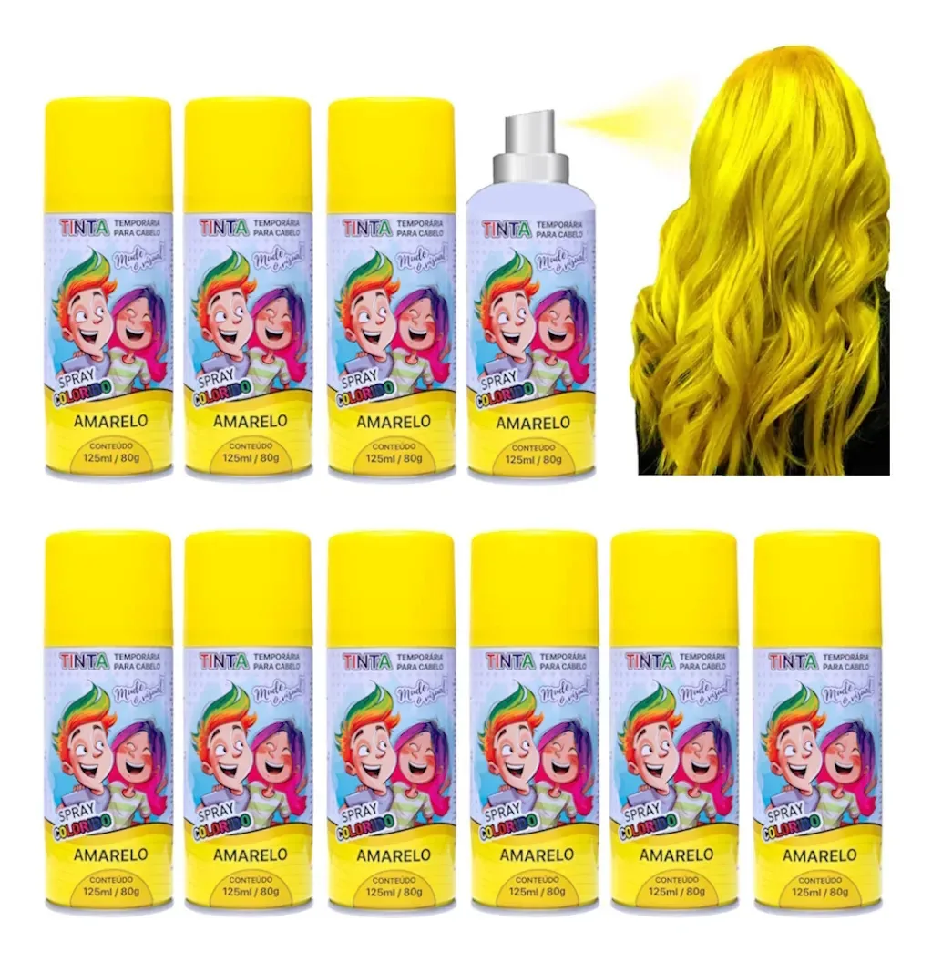 Kit 10 Sprays Temporários para Cabelo Amarelo de 125ml Lavável Importudo