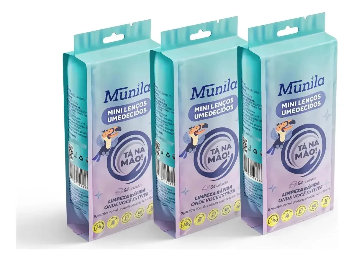 Kit 24 Pacotes Mini Lenços Umedecidos Munila 192un Portátil