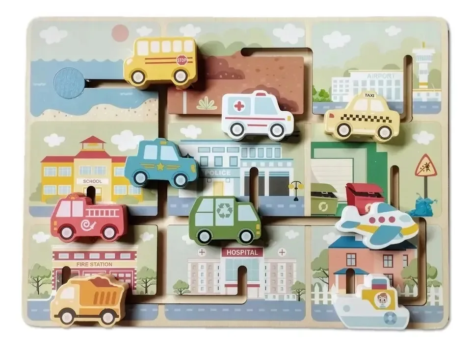 Labirinto Transportes Tooky Toy, Brinquedo Educativo Madeira Mista