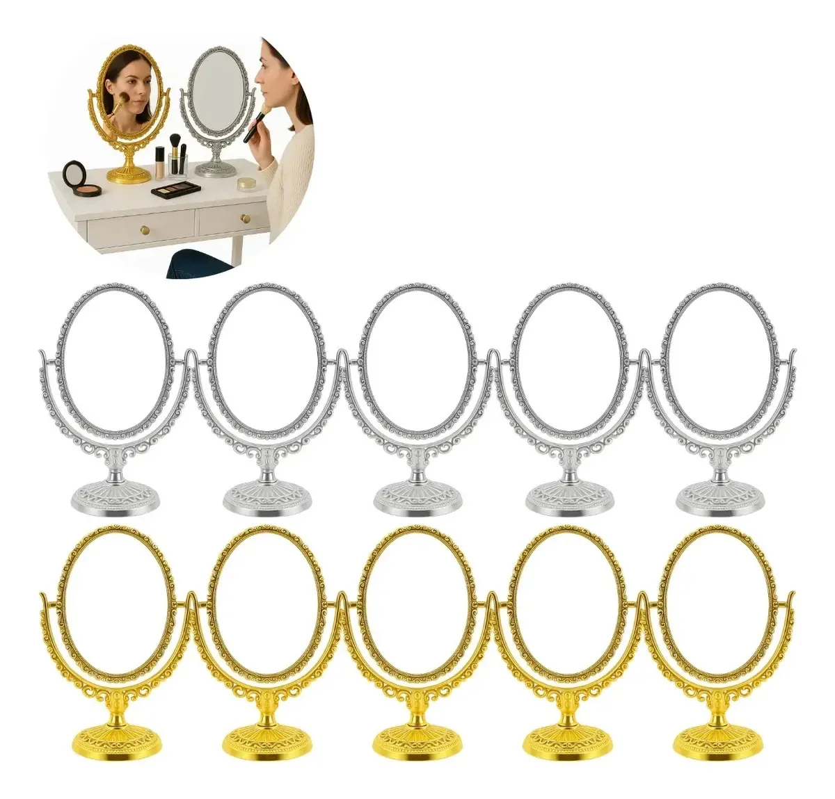 10 Espelhos De Mesa Oval Princesa P/ Maquiagem 360°g