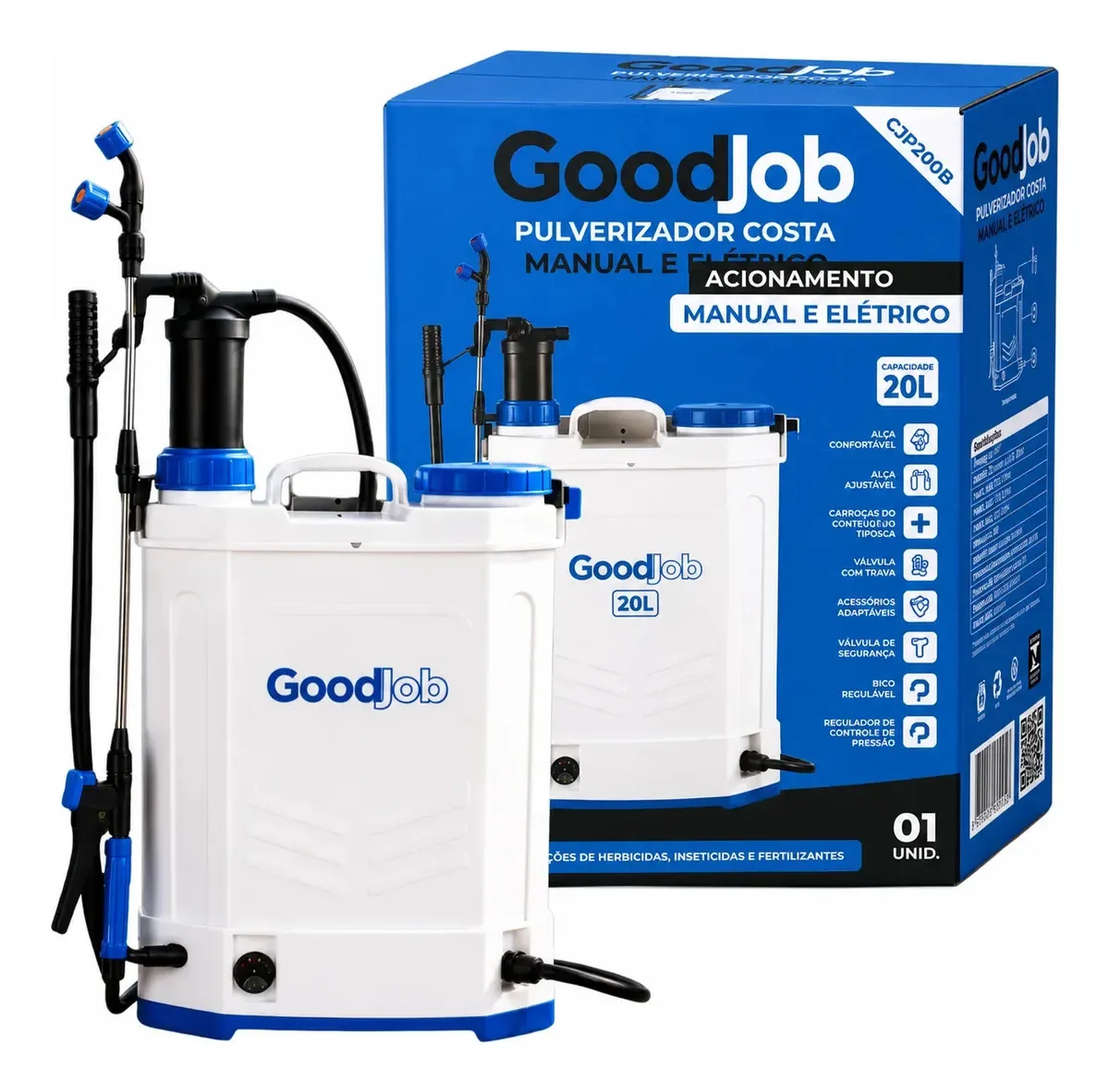 Pulverizador Elétrico a Bateria e Manual Costal 20L Agrícola com Bico Ajustável GJP200b Goodjob