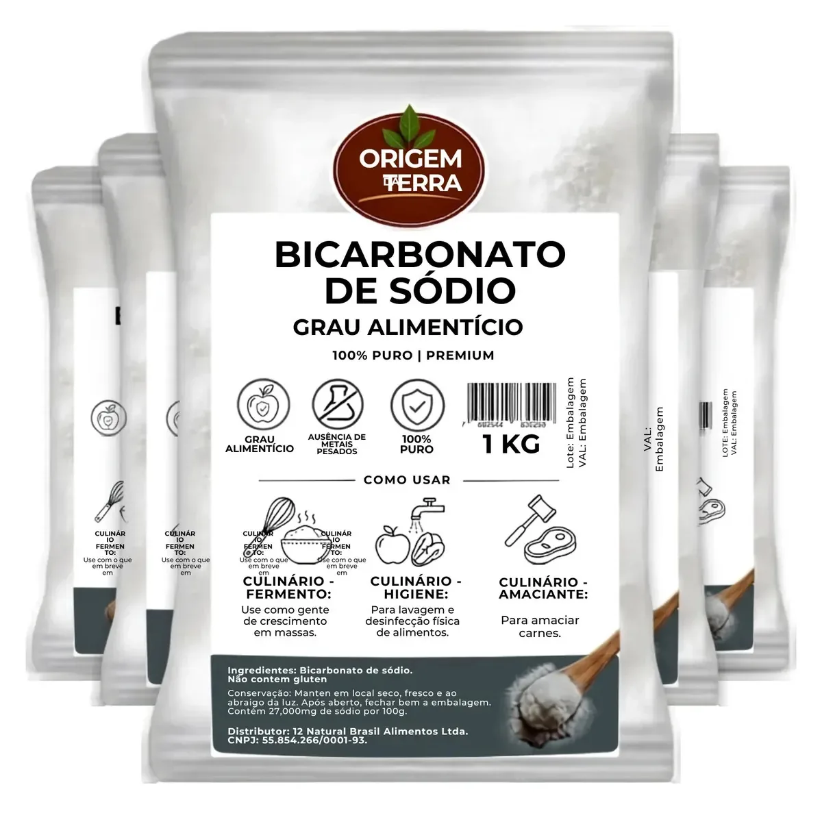 Bicarbonato Sodio Puro 1 Kg - 5 Unidades - Origem Da Terra - Uso Alimentar