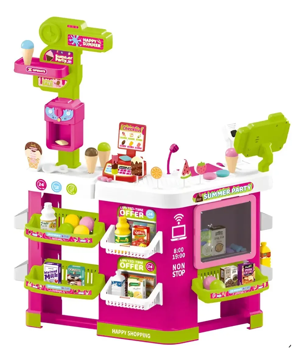 Mercadinho Infantil 81pçs Caixa Registradora Geladeira Som Cor Pink