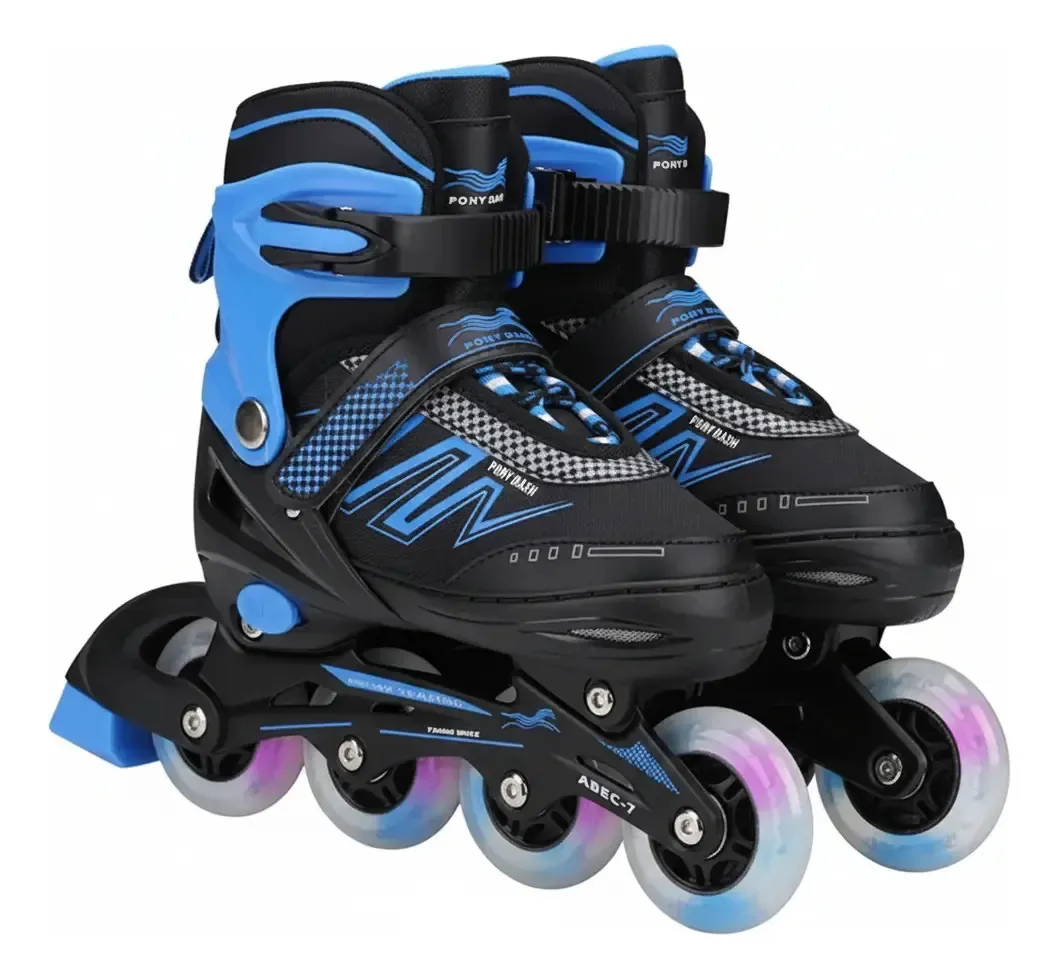 Patins Inline Ajustável Com Rodas De Led E Freio Traseiro 39 Ao 42 70 Mm Preto/azul