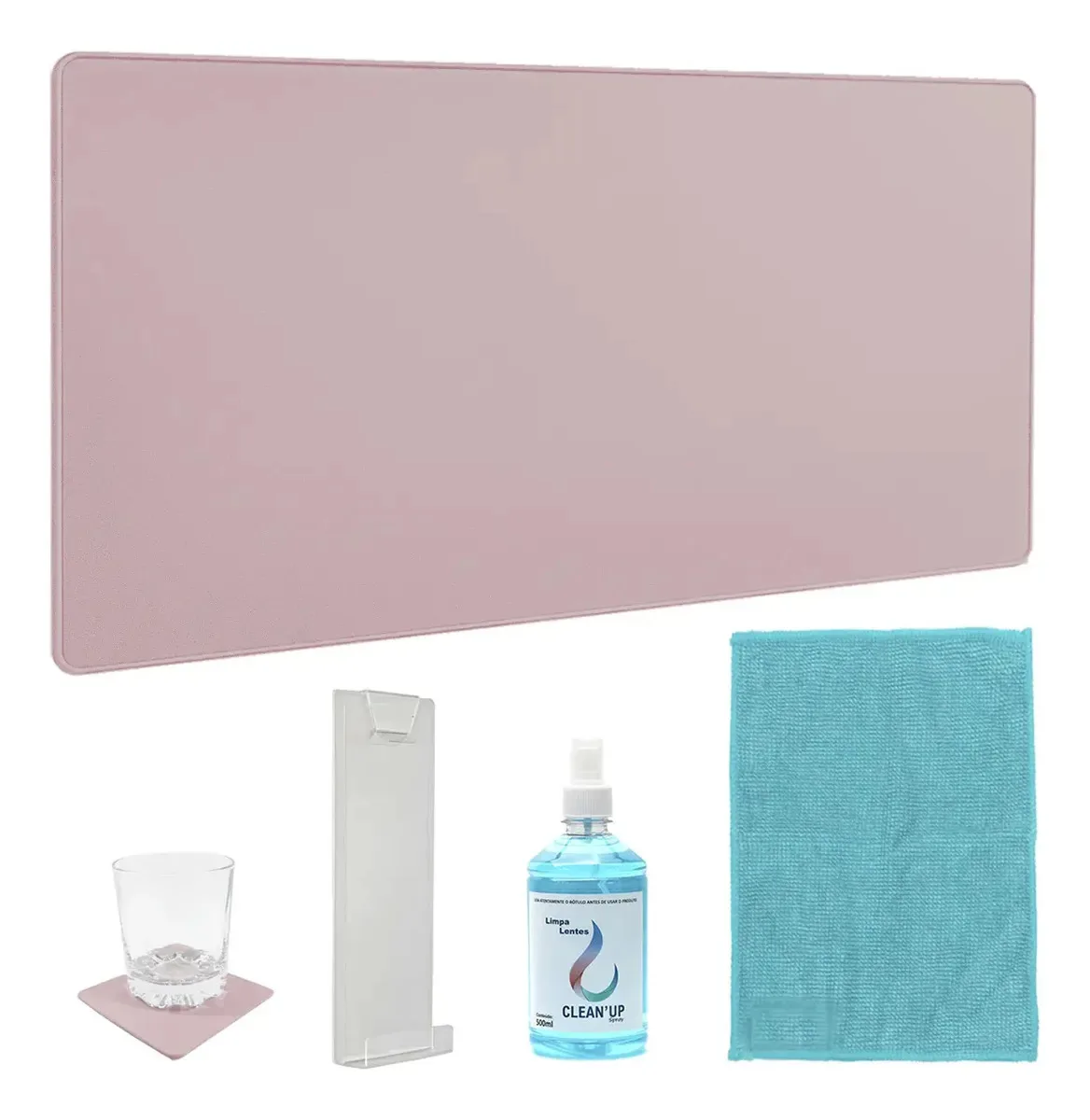 Kit Desk Pad + Suporte Tela + Produtos Limpeza E Porta Copo Cor Rosa Desenho impresso Liso