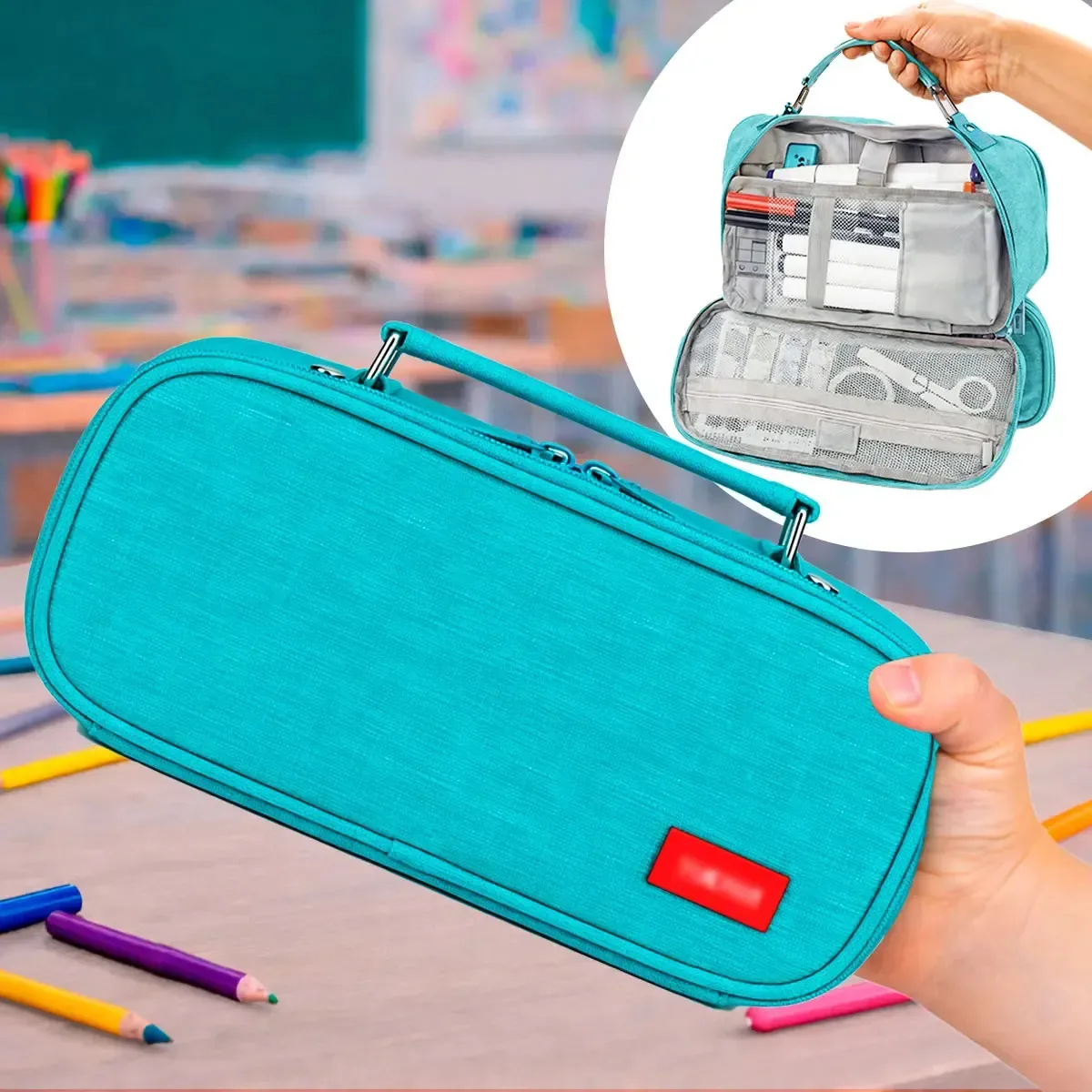 Estojo Escolar Organizador Lápis Material Escolar Com Alça Cor Azul-claro Liso
