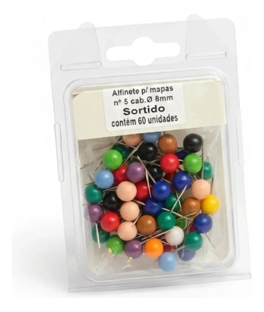Kit 60 Alfinetes Coloridos Para Mapa Quadro De Cortiça Branco