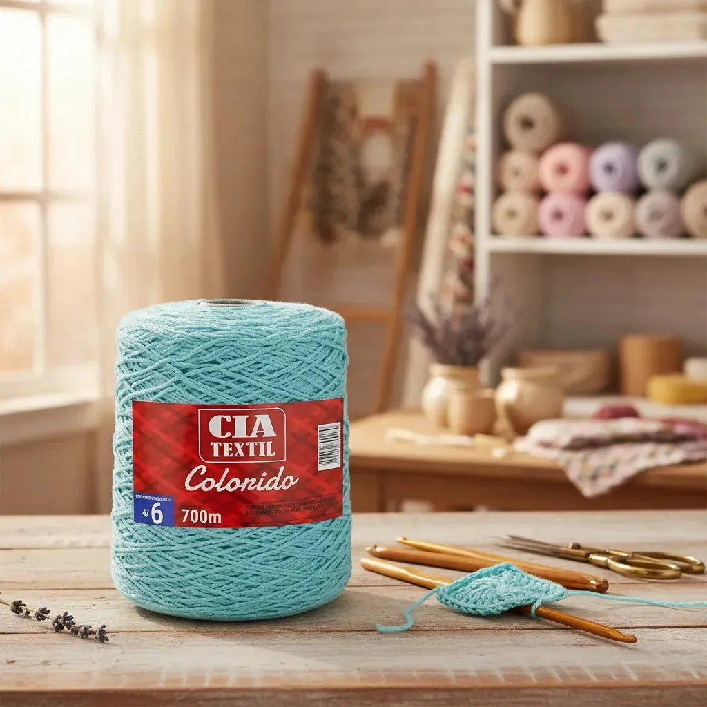 Barbante Cia Textil Colorido N.06 700g Azul Piscina