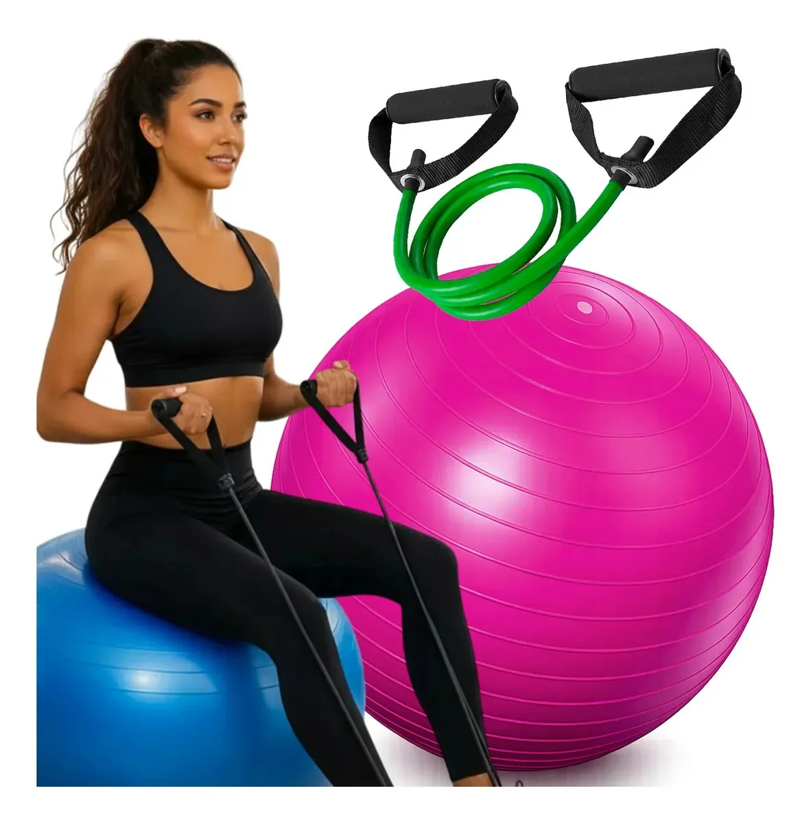 Kit Bola Pilates 65cm Elástico Exercício Treino Fisioterapia Kit Bola Gestante 65cm Exercícios Elástico Extensor Academia Pilates Gestante