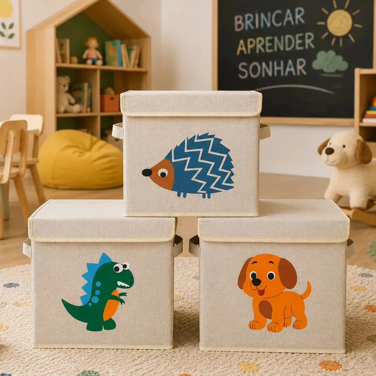 Kit 3 Caixas Organizadoras Infantil Brinquedos Cesto Tampa Colorido