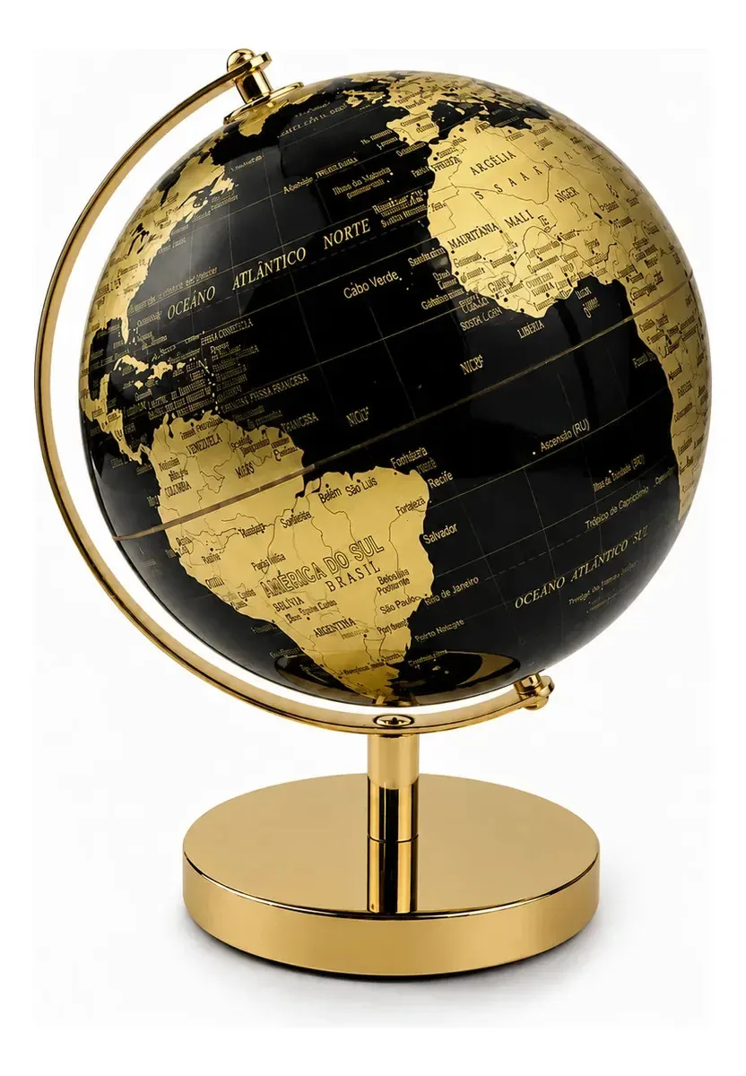 Globo Terrestre Preto Base Meta Decoração Luxo De Mesa 19cm Dourado E Preto Dourado