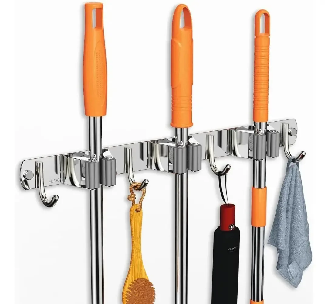 Suporte De Vassouras Inox 304 Organizador Parede Com Ganchos Prateado