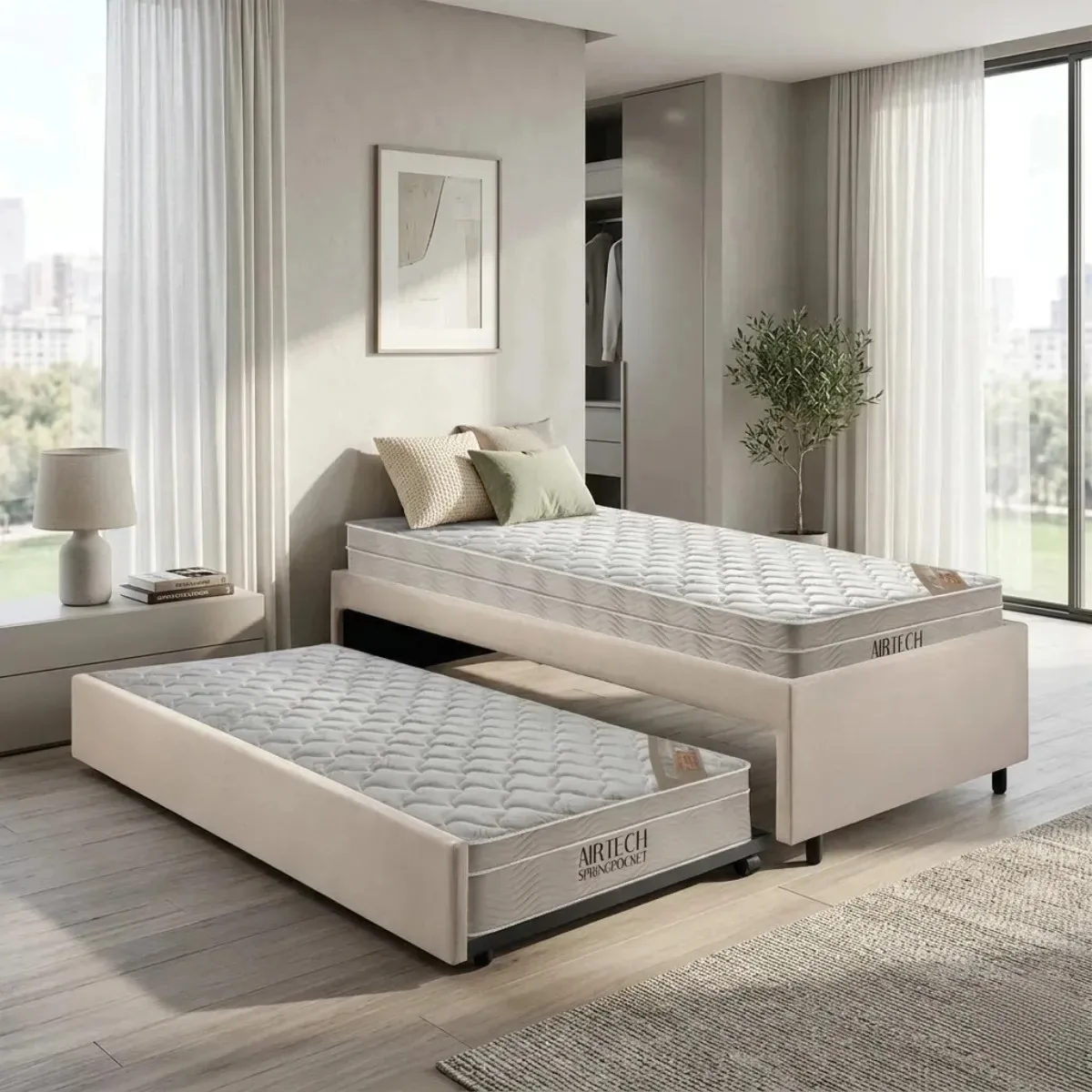 Bicama Box Solteiro Suede Bege 88x188 C/2 Colchões Ortobom Bege