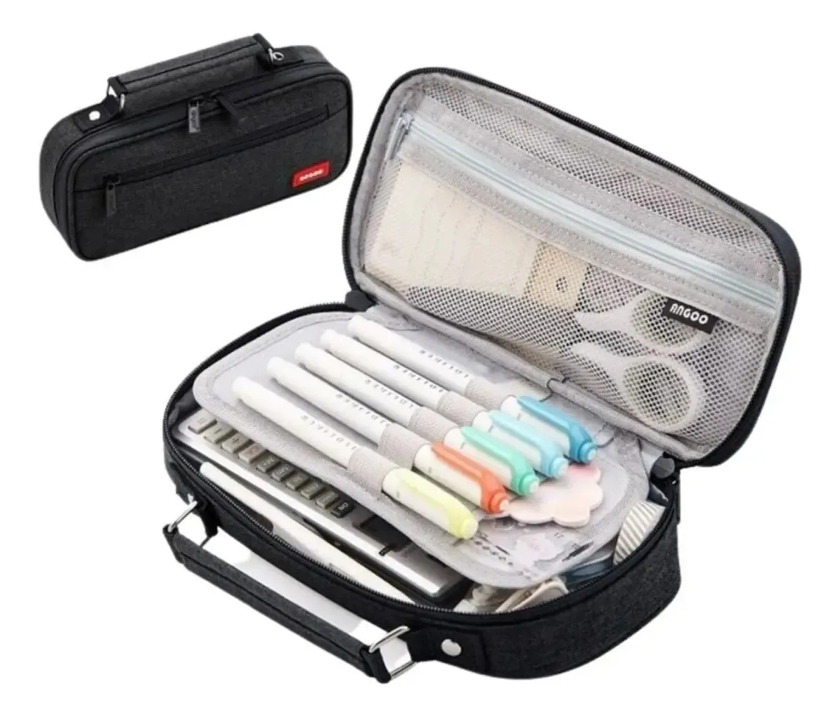 Estojo Escolar Liso Com Alca 2 Divisórias Interna Necessaire Estojo Escolar Preto