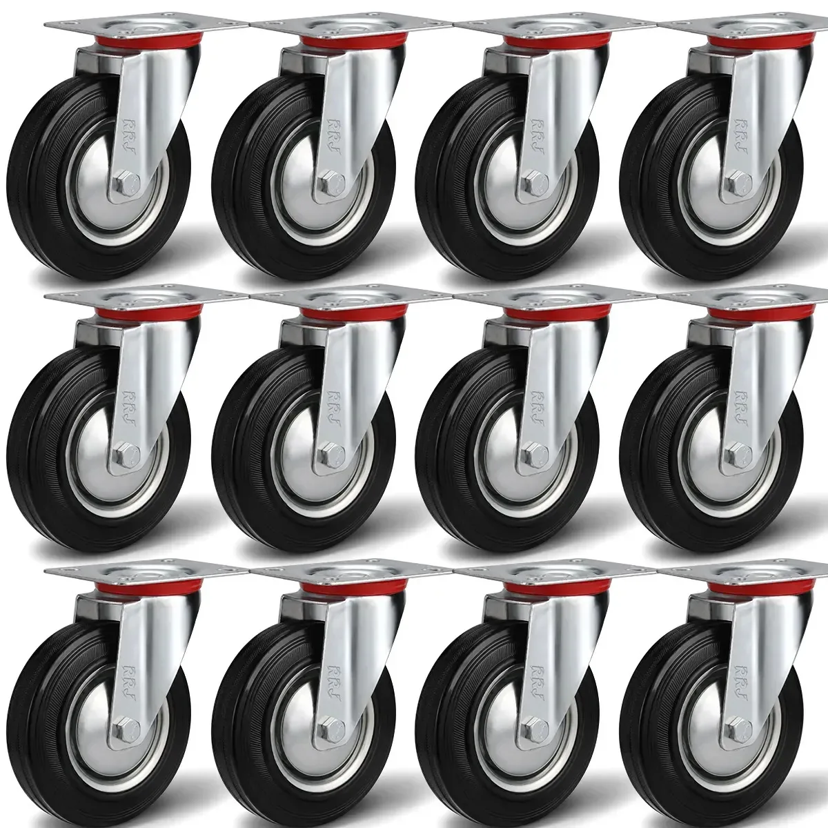 Pack 12 Rodízios Giratórios de Borracha para Móveis e Carrinhos Industriais 4"