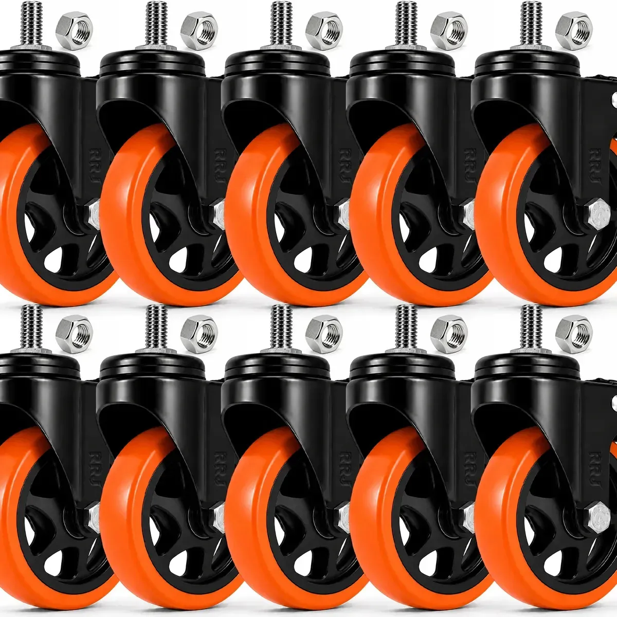 Kit 10 Rodízios Giratórios de 4" Com Trava Dupla Para Móveis Pesados, Indústria e Carros de Som Laranja RRJ