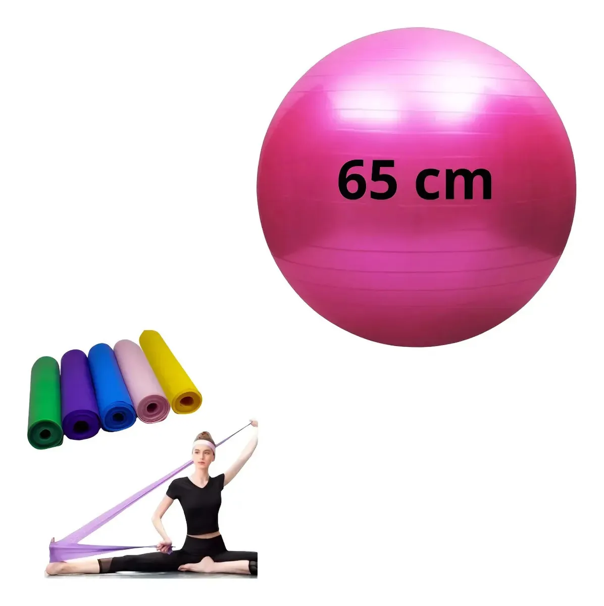 Bola Suiça Pilates 65cm Fisio + Faixa Elástica Gestante Reab Rosa