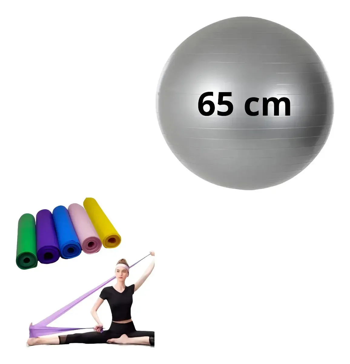 Bola Suiça Pilates 65cm Fisio + Faixa Elástica Gestante Reab Cinza