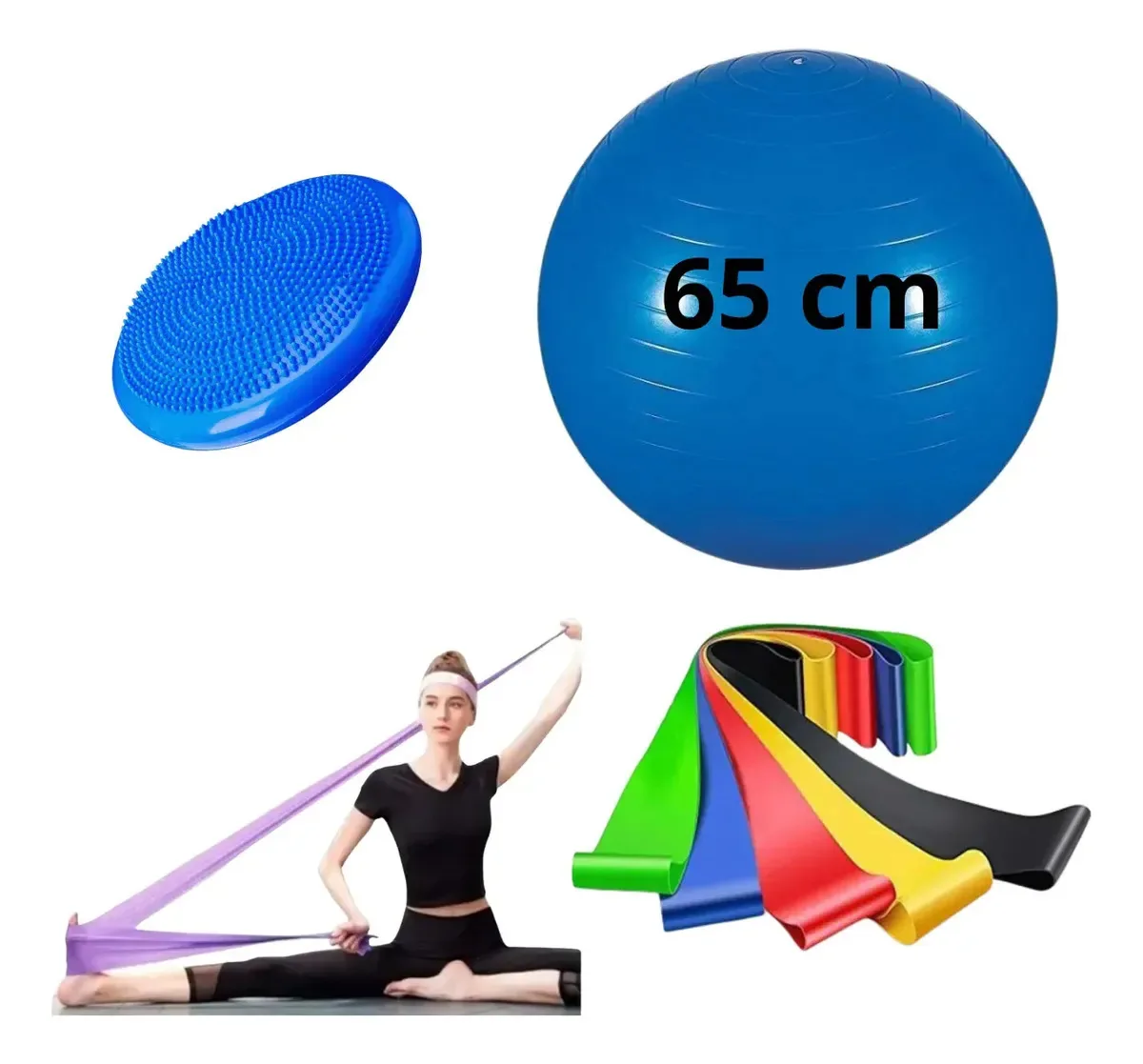 Kit Pilates Funcional Bola 65 Disco Faixa Elástica Mini Band Cor Azul