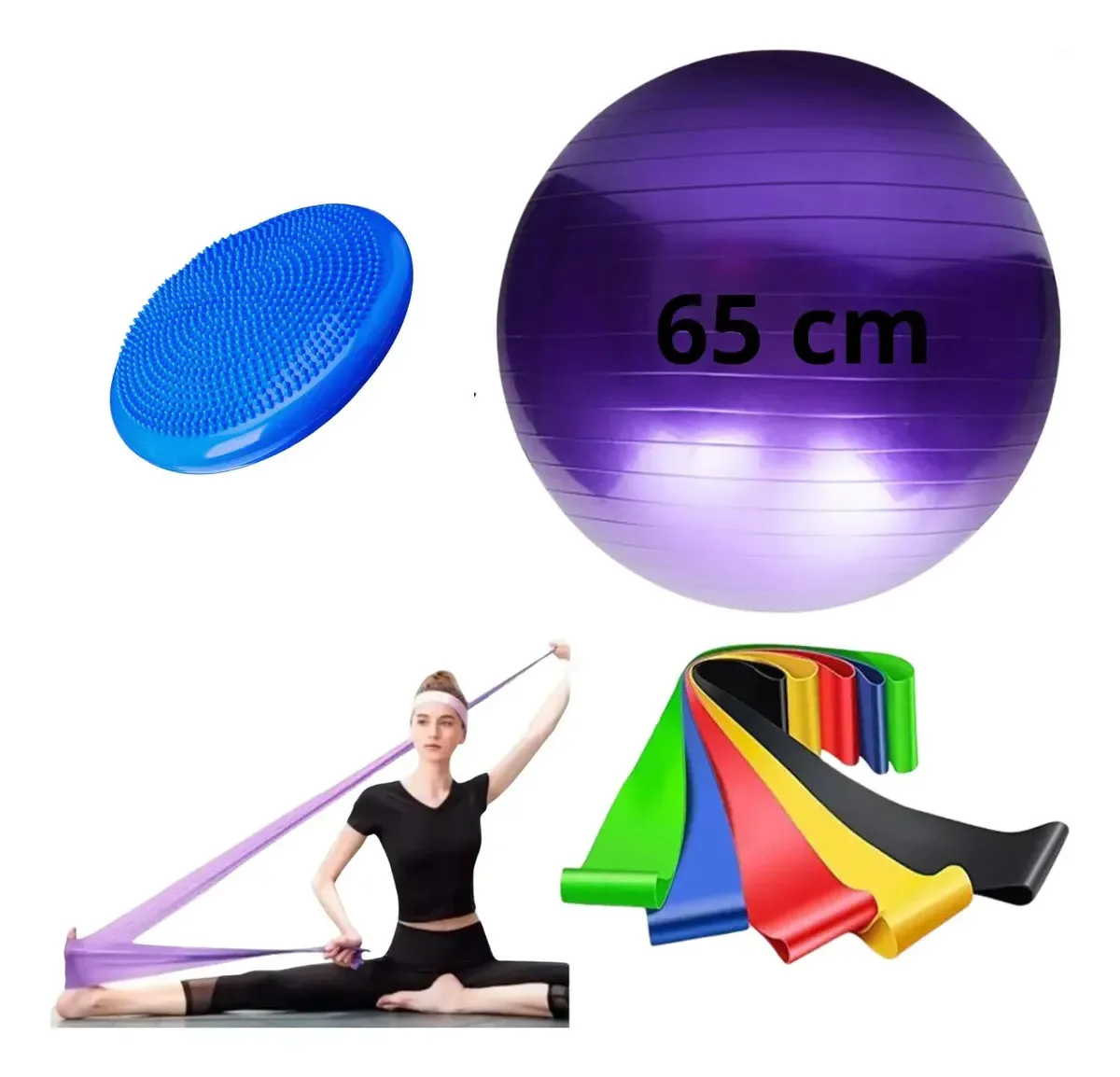 Kit Pilates Funcional Bola 65 Disco Faixa Elástica Mini Band Cor Roxo