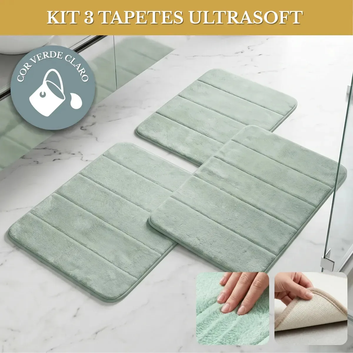 Tapetes Para Banheiro Kit 3 Pecas Ultrasoft Antiderrapante Toque Suave Macio Luxo Premium Cor Verde Claro