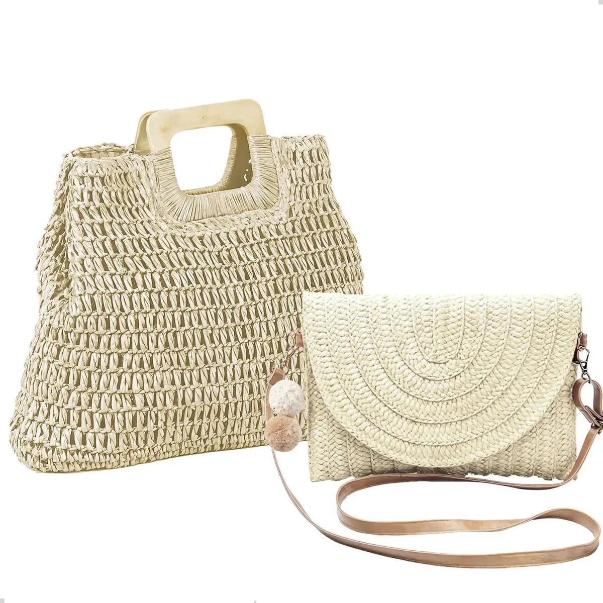 Kit 2 Bolsas Palha Alça Transversal Grande E Pequena Verão