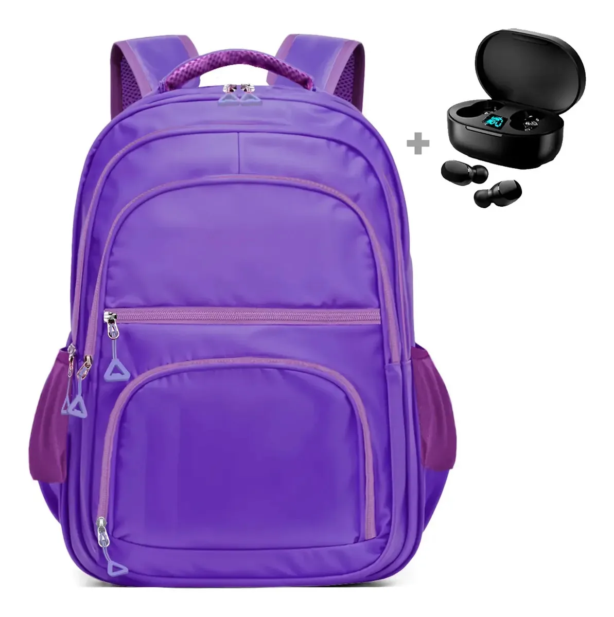 Mochila Escolar Passeio Moderno Trabalho+fone De Ouvido Cor Lilás Desenho Do Tecido Liso
