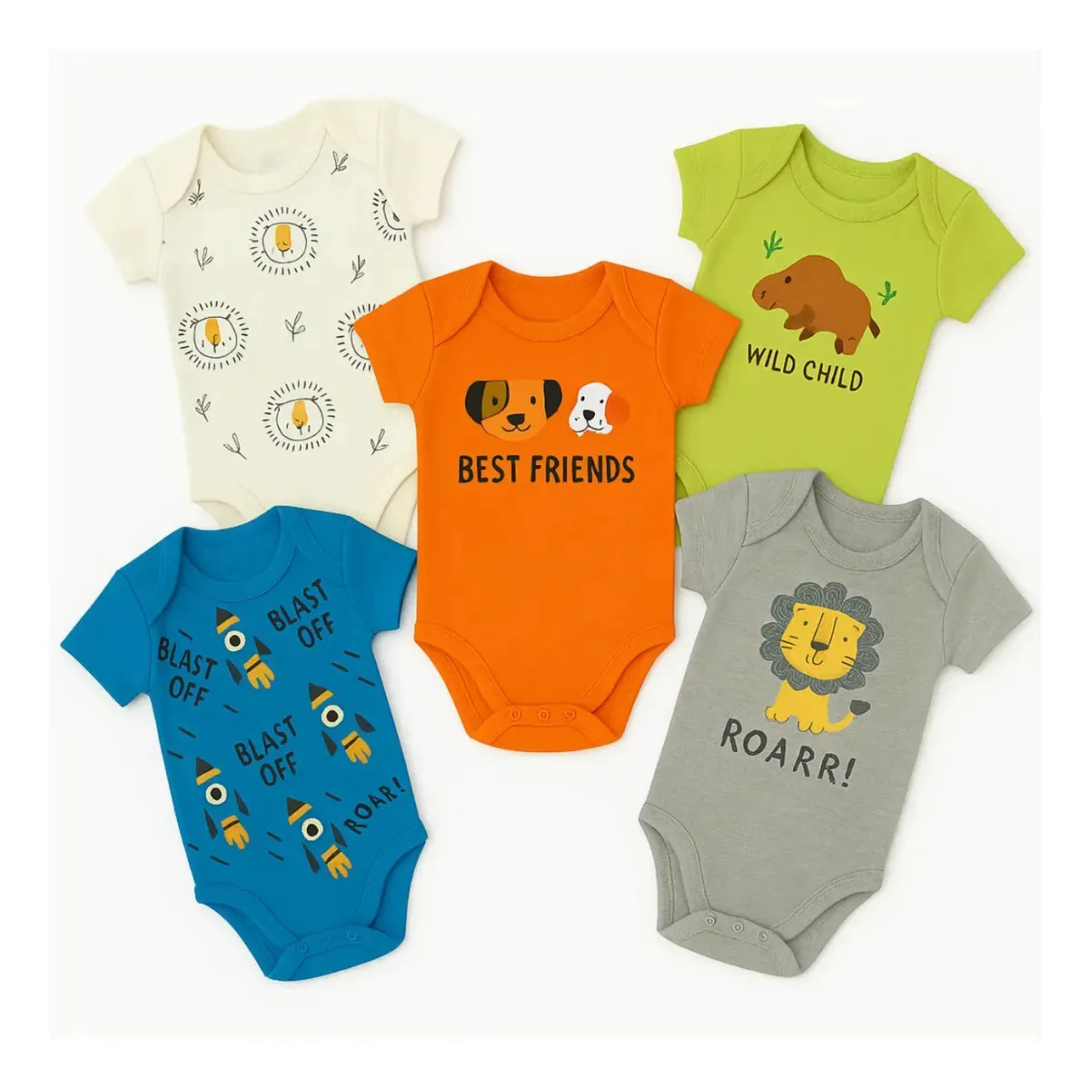 Kit 5 Bodies Body Manga Curta Bebê Nenem Roupa Infantil Cor Menino Tamanho P
