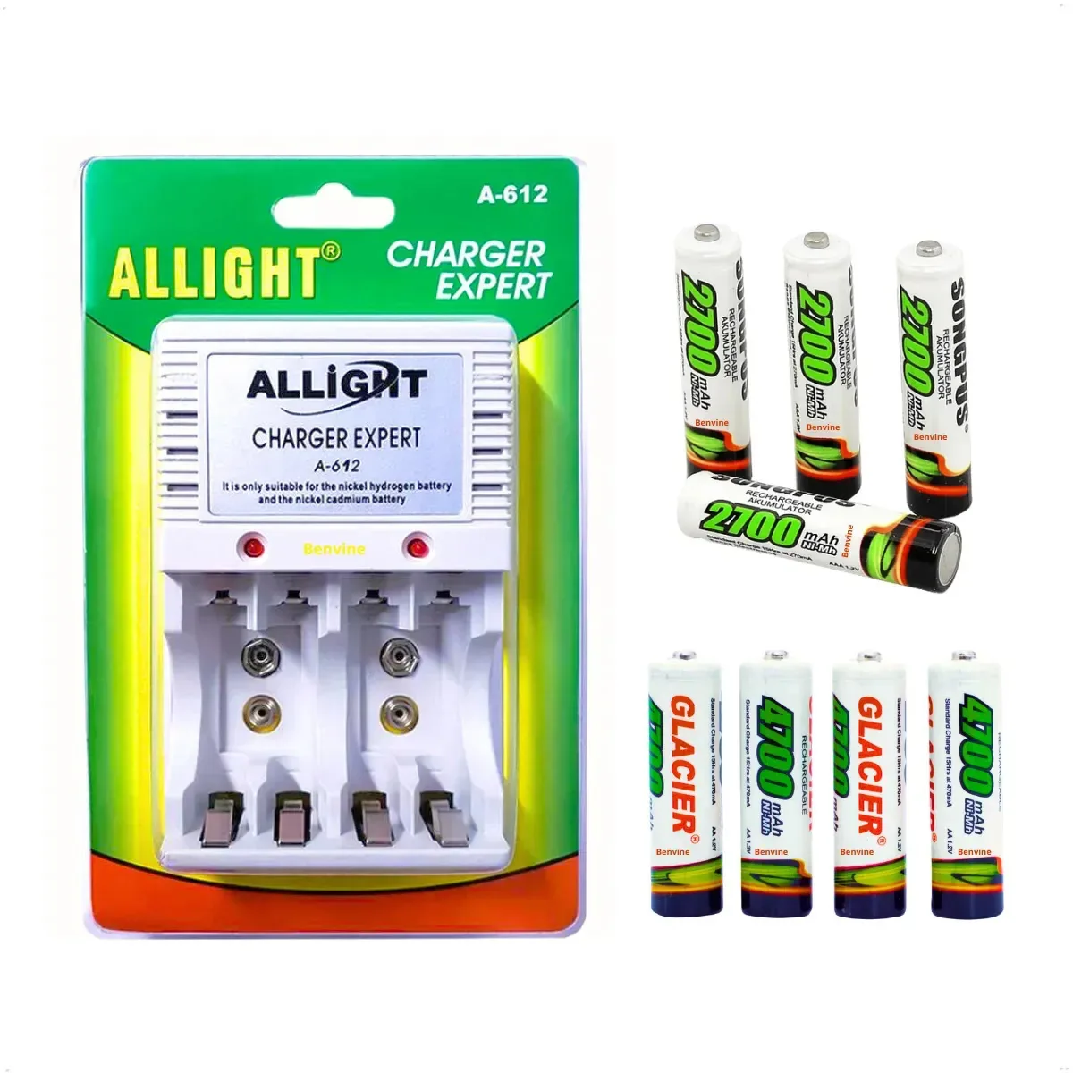 Allight Benvine Kit 8 Pilhas Recarregáveis Aa/aaa + Carregador Rápido A-612 Bivolt