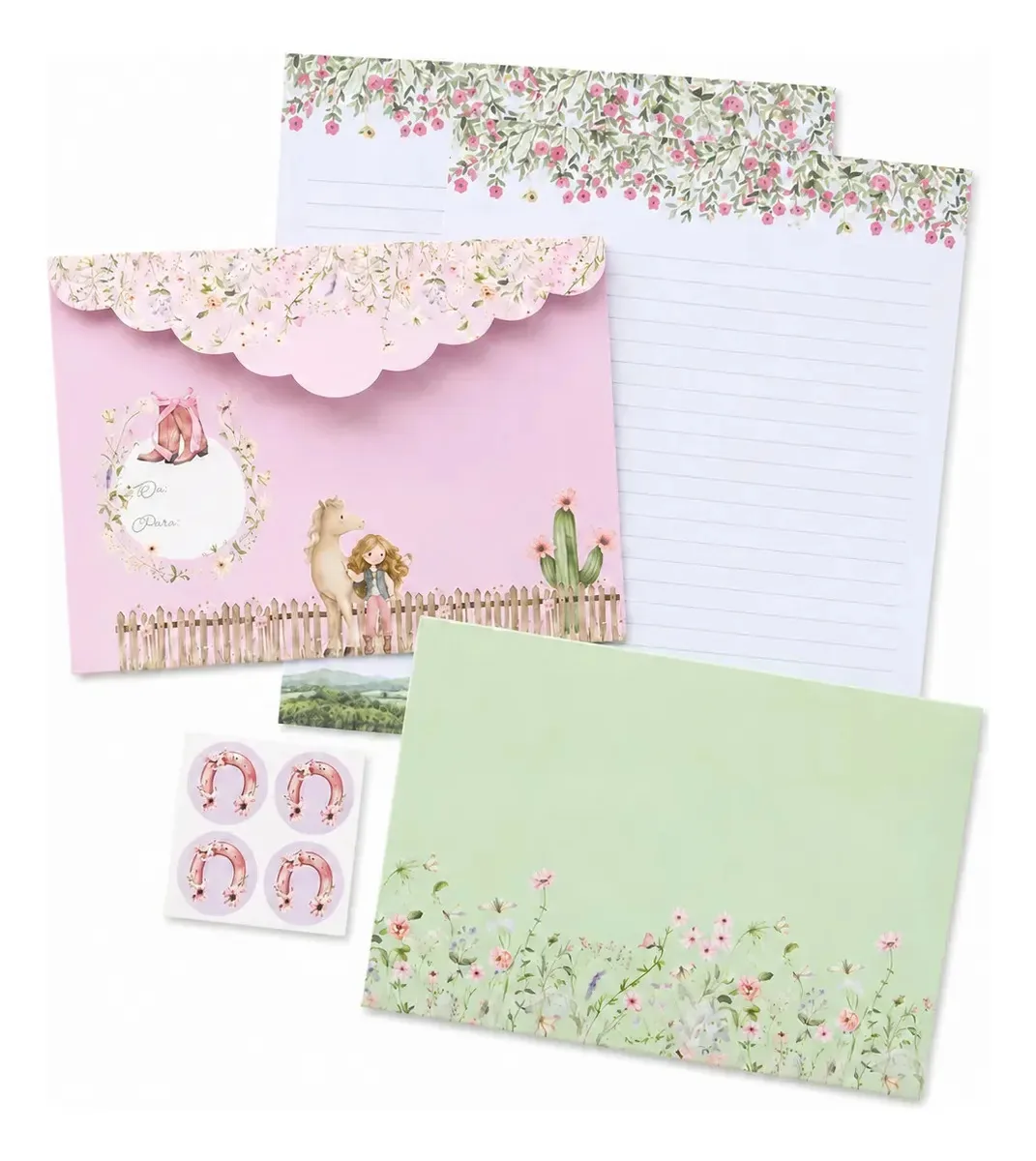 Kit Papéis De Carta C Envelopes La Palomita Adorável Country Verde