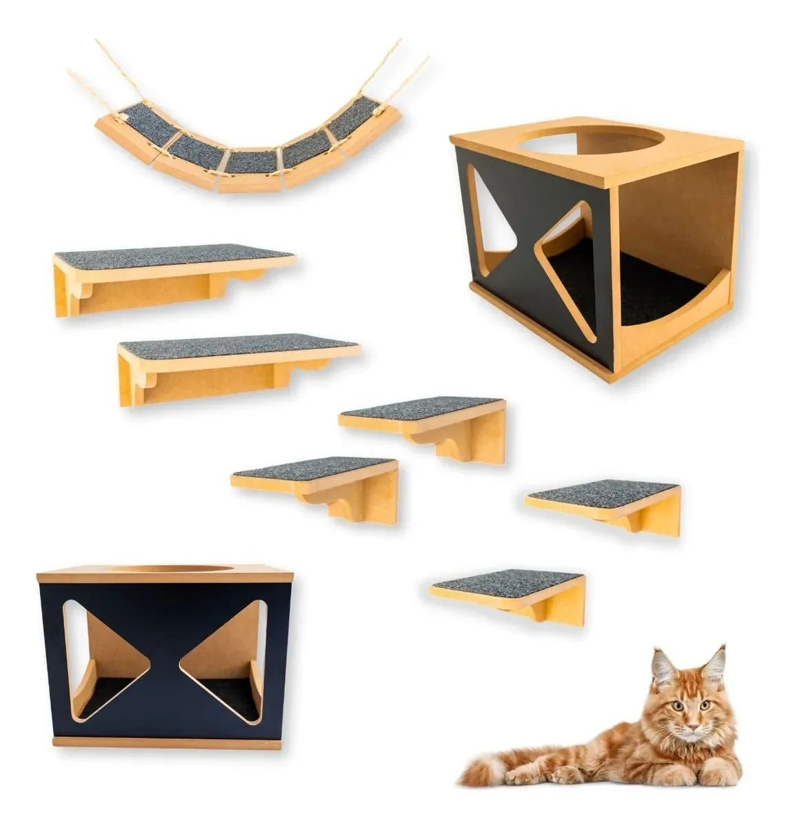 Playground Gato 9 Pçs Mdf 15mm Reforçado Montado Geométrico Preto