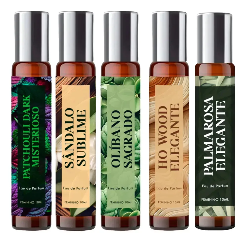 5 Perfumes Femininos Amadeirados 10ml Spray Col Botânica