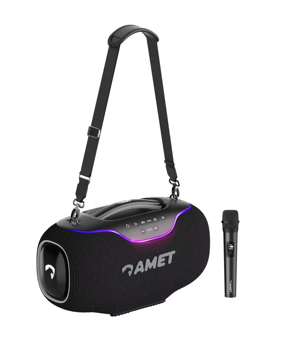 Caixa De Som Bluetooth Boombox Amet 300W Karaokê Microfone Sem Fio IPX6 TWS USB AUX Bateria 12h