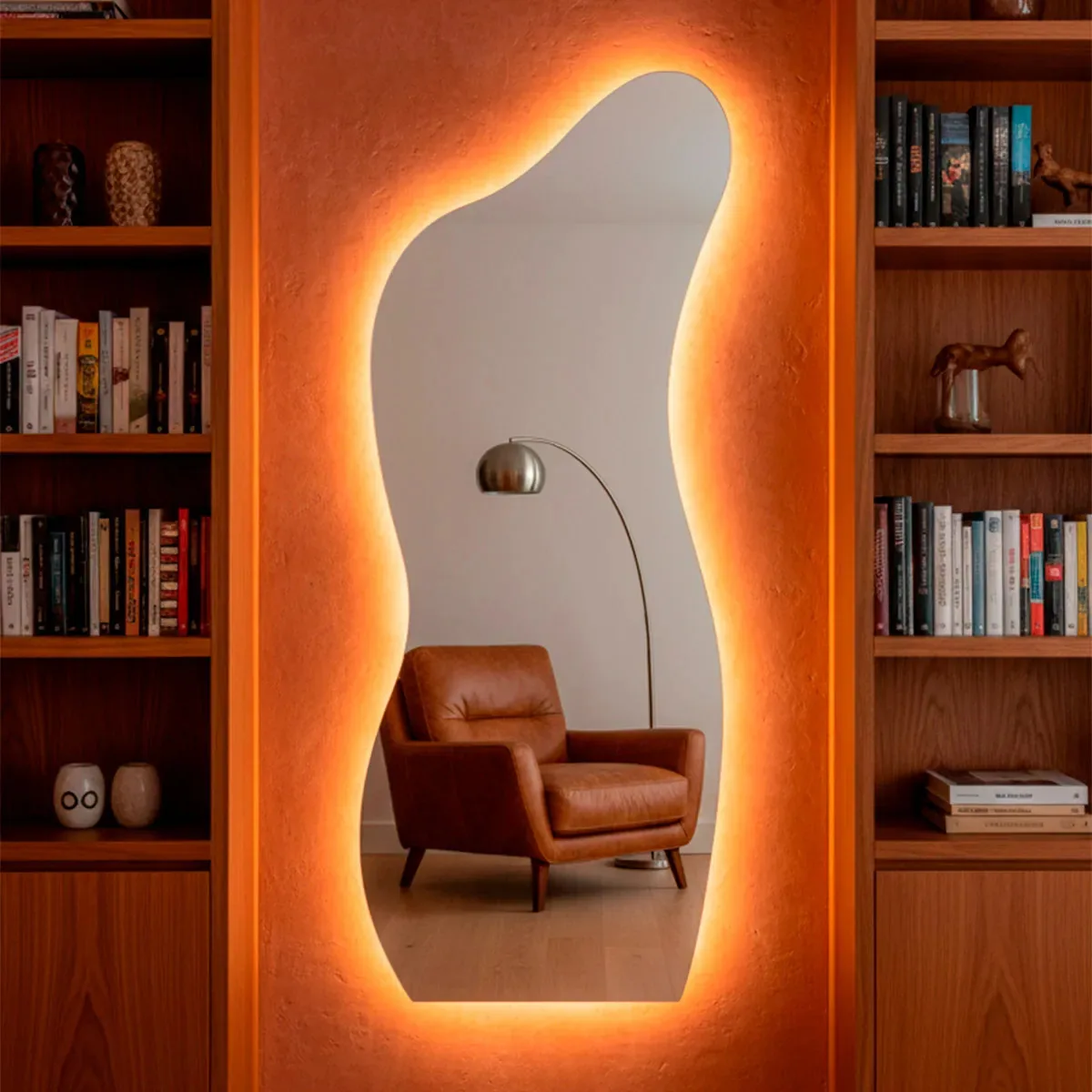 Espelho Orgânico Curves Com Led Quente 170x70 Cm Espelho Sala, Espelho Quarto, Espelho Banheiro Elegante Espelho Com Iluminação Led Para Ambientes Diversos