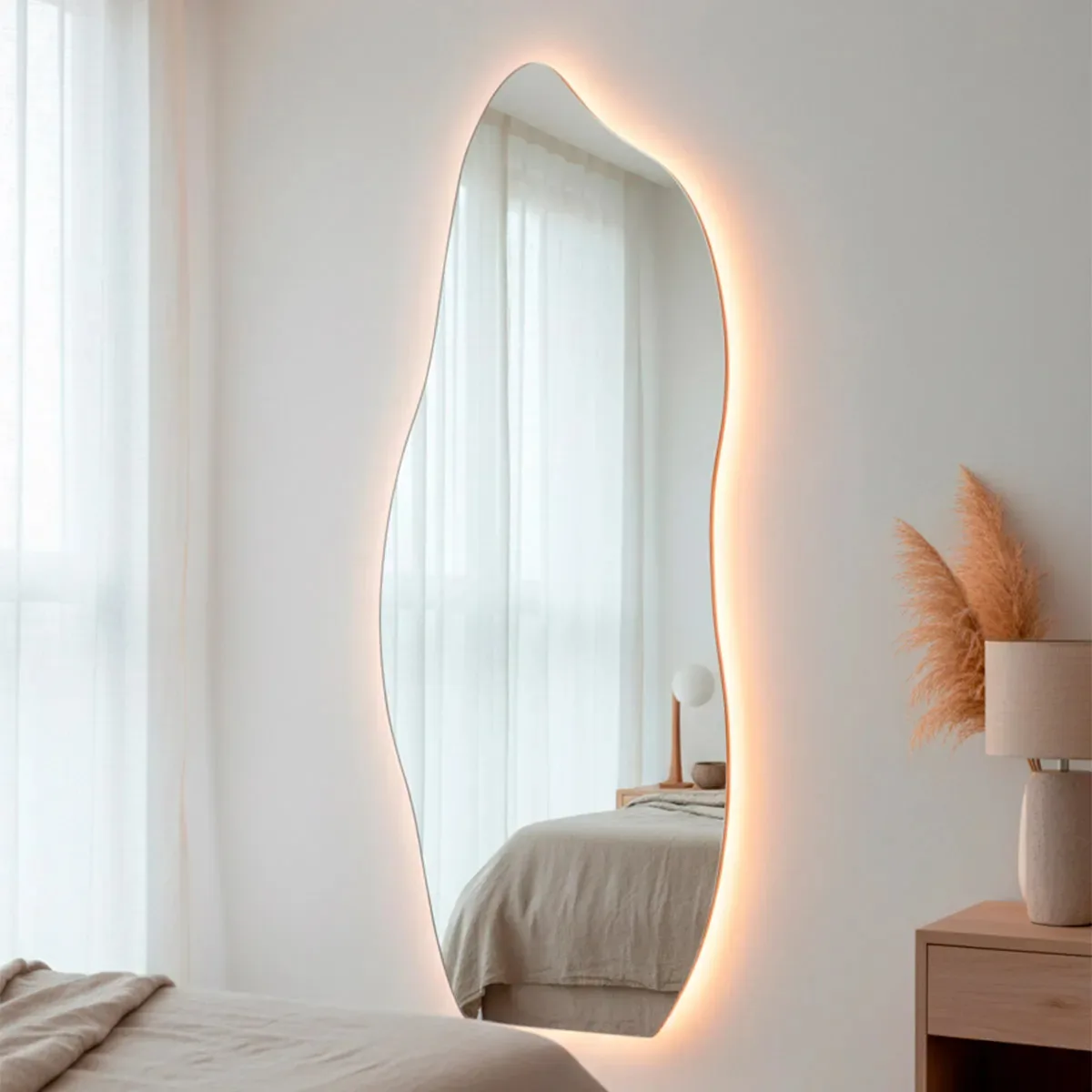 Espelho Orgânico Flame Com Led Quente 170x70 Cm Espelho Sala, Espelho Quarto, Espelho Banheiro Elegante Espelho Com Iluminação Led Para Ambientes Diversos