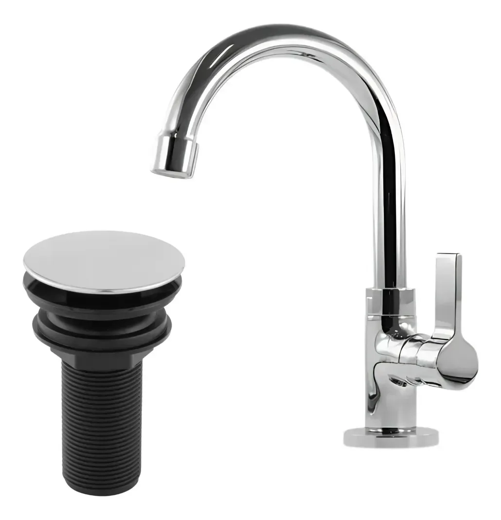 Kit Banheiro Torneira Metal Inox Lavatório Com Click Luxo Cinza