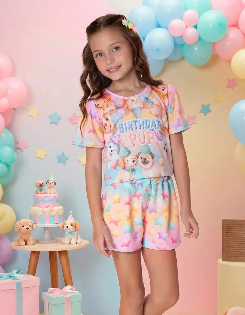 Conjunto Infantil Menina Verão Estampado Loyê Cropped Shorts Puppies