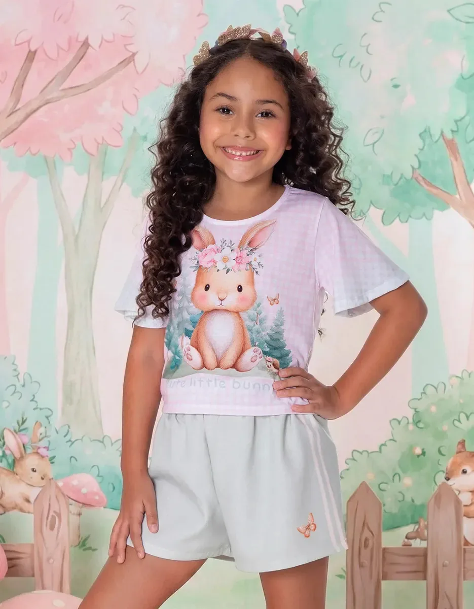 Conjunto Infantil Menina Verão Estampado Loyê Cropped Shorts Coelho