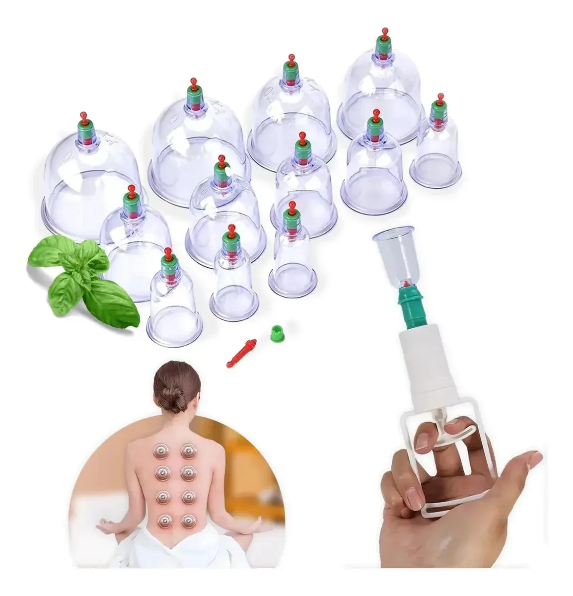 Kit 12 Ventosas Com Bomba Ventosa Terapia Massoterapia Massagem
