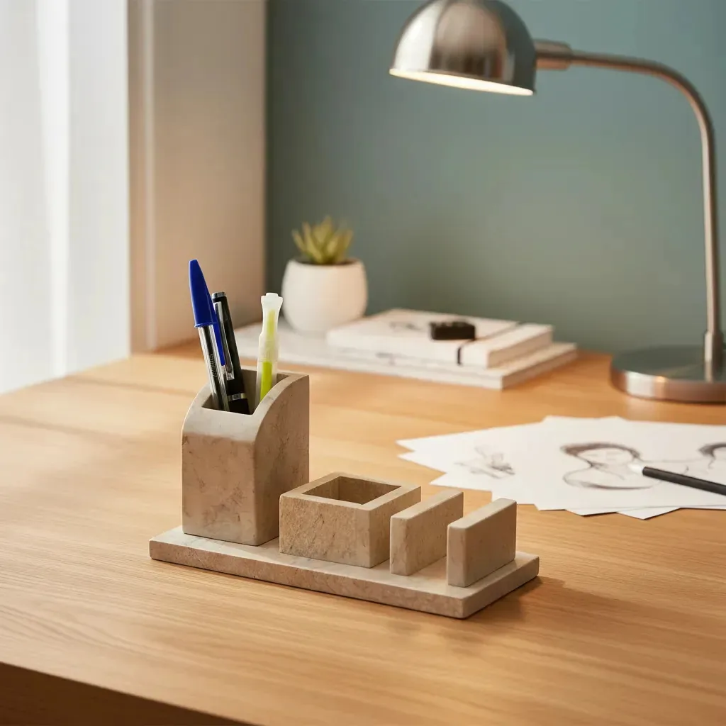 Kit Organizador De Mesa Porta Lápis Escritório Pedra Sabão