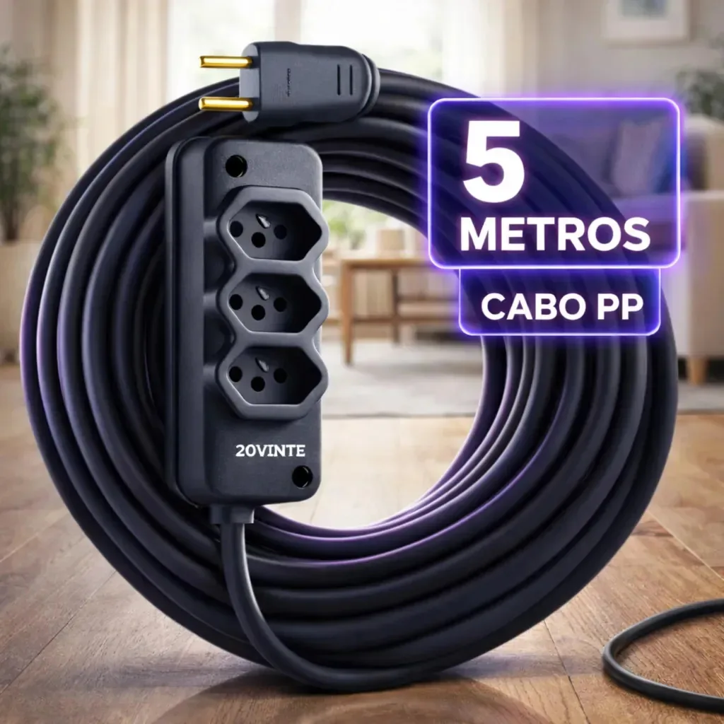 Extensão Elétrica 5 Metros Cabo Pp Reforçada Obra Profissional 10/20a Fio Grosso 2x2,5mm Tomada Tripla Cor Preto 20vinte