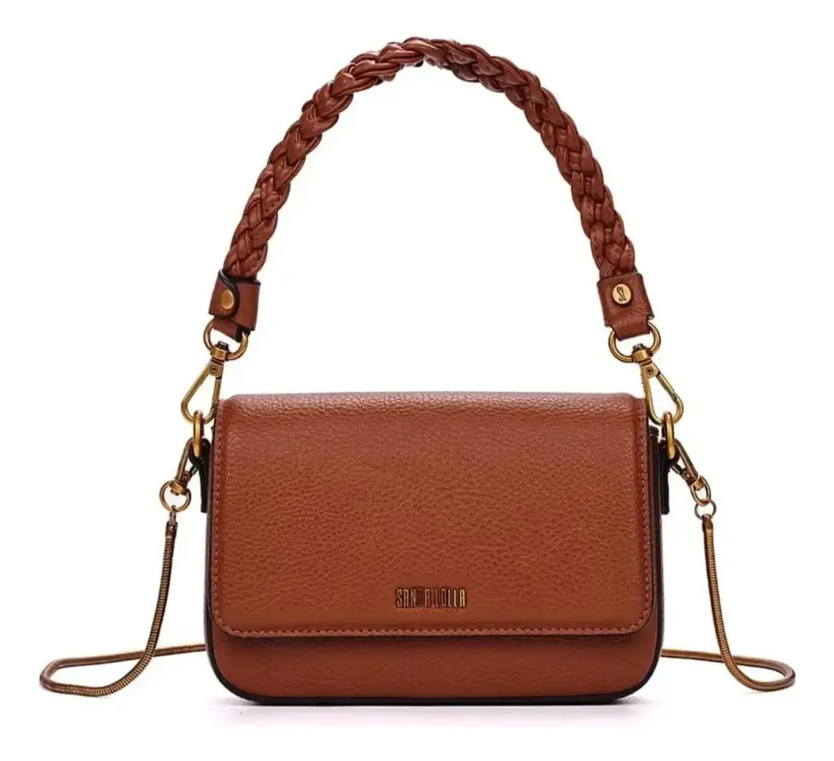 Bolsa Feminina Santa Lolla Baguete Alça Trança E Corrente Acambamento dos ferragens Dourado Cor Camelo Correia de ombro Dourado e ou Camelo Desenho do tecido Floater