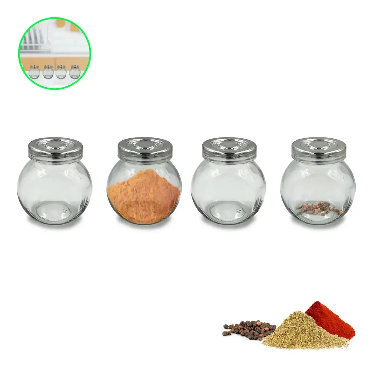 Kit 4 Potes Vidros Porta Temperos Condimento 200ml Prateado Metalizado