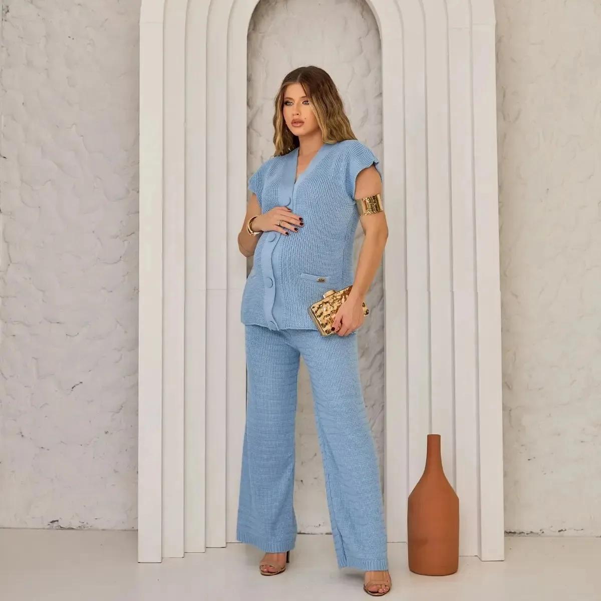 Conjunto Tricot Gestante Verão Camisa Colete Calça Larga Cor Azul-celeste