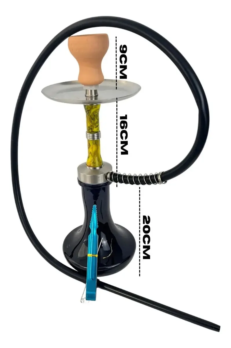 Narguile Completo Medio Vaso Vidro Prato Luxo Rosh Amarelo